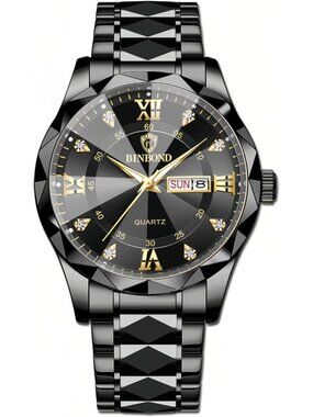 Unisex All Black Analog Stainless Steel Roman Numeral Diamond Waterproof Watch